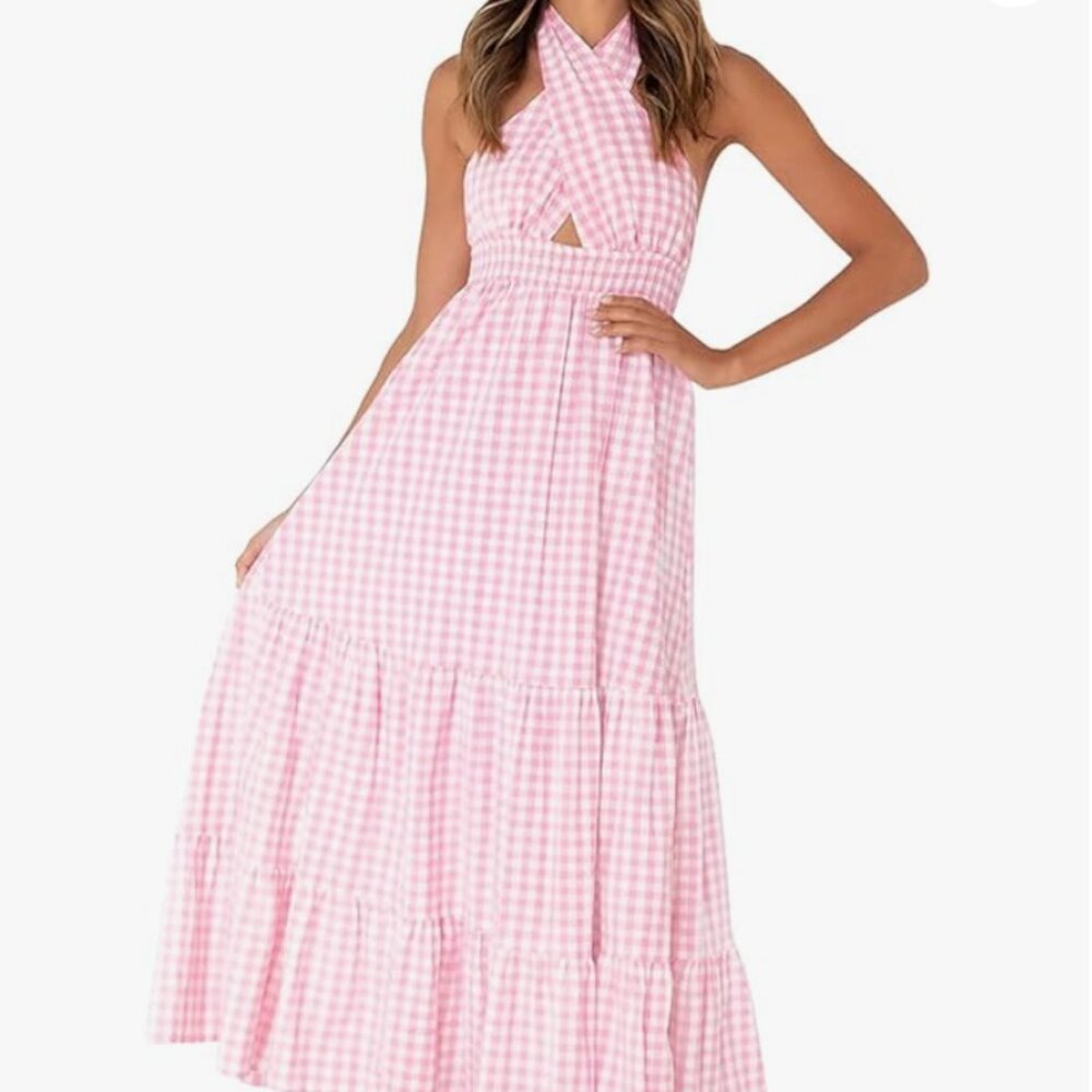 Women's Summer Crossover Halter Neck Sleeveless Plaid Dresses Cut Out Backless
